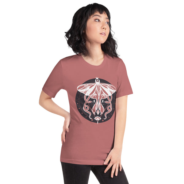 Woman wearing unisex Magic Snake Moth t-shirt with witchy moth design, soft fabric, eco-friendly, made of 100% cotton.