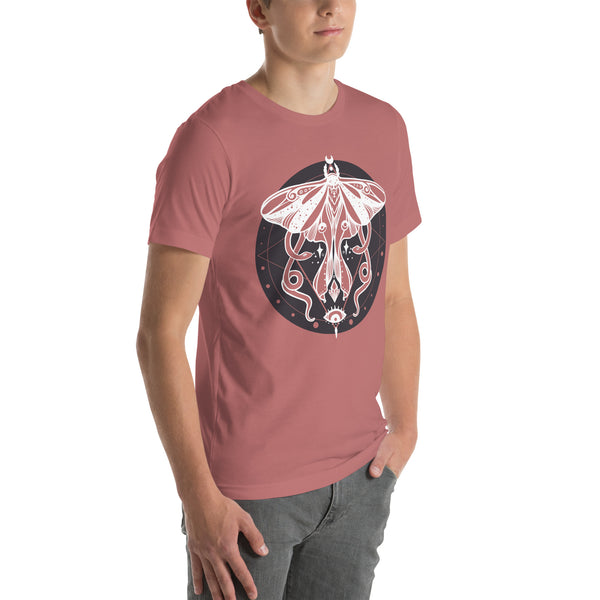 Unisex t-shirt featuring witchy moth with snakes artwork on soft pink fabric, eco-friendly and made-to-order.