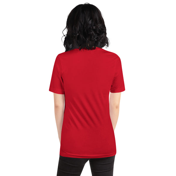 back view of a model wearing a red tabby cat shirt