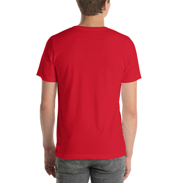 Back view of a unisex red t-shirt, showcasing its comfortable fit and soft fabric. Ideal for men and women.