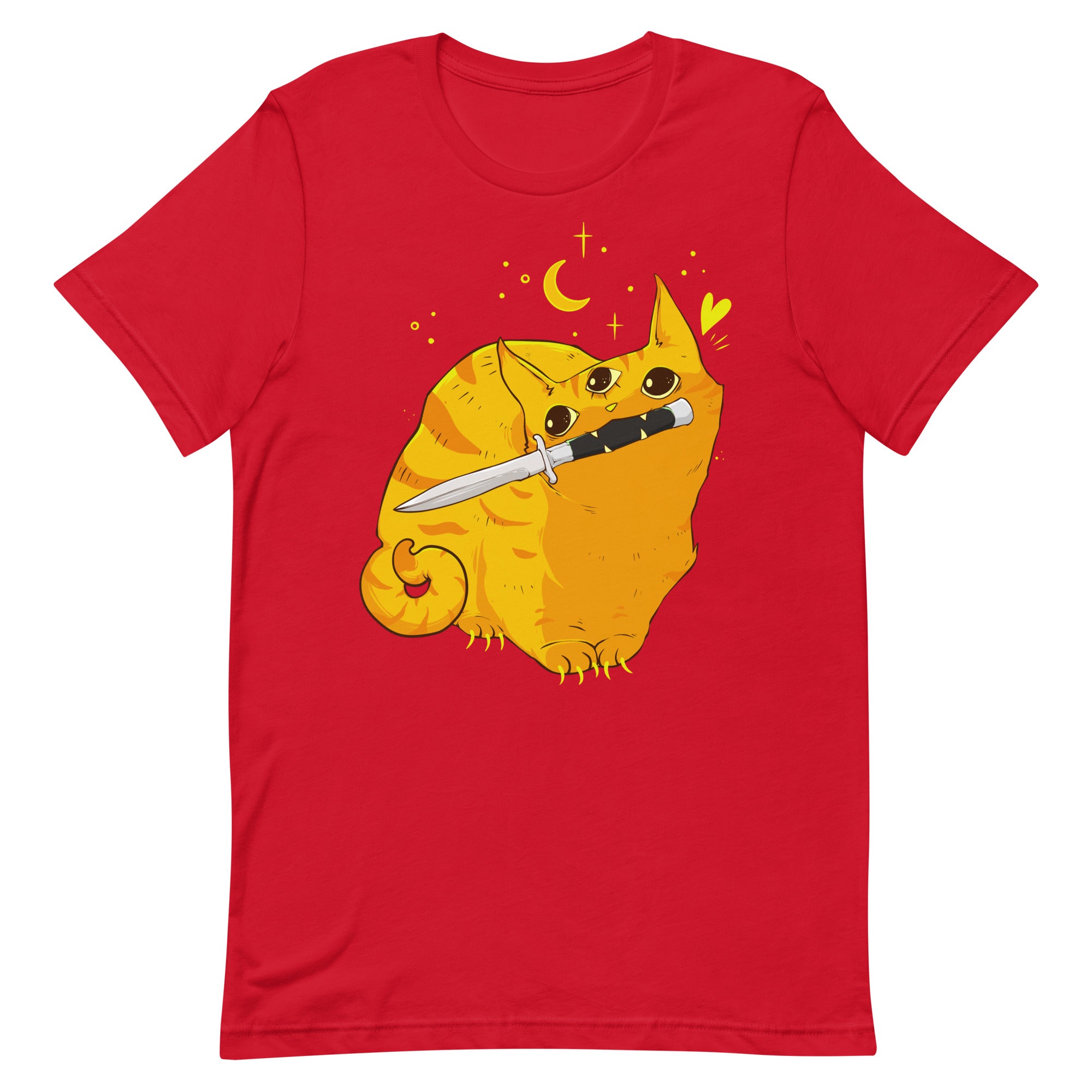 cute funny red t-shirt showing an orange tabby cat with a knife in his mouth