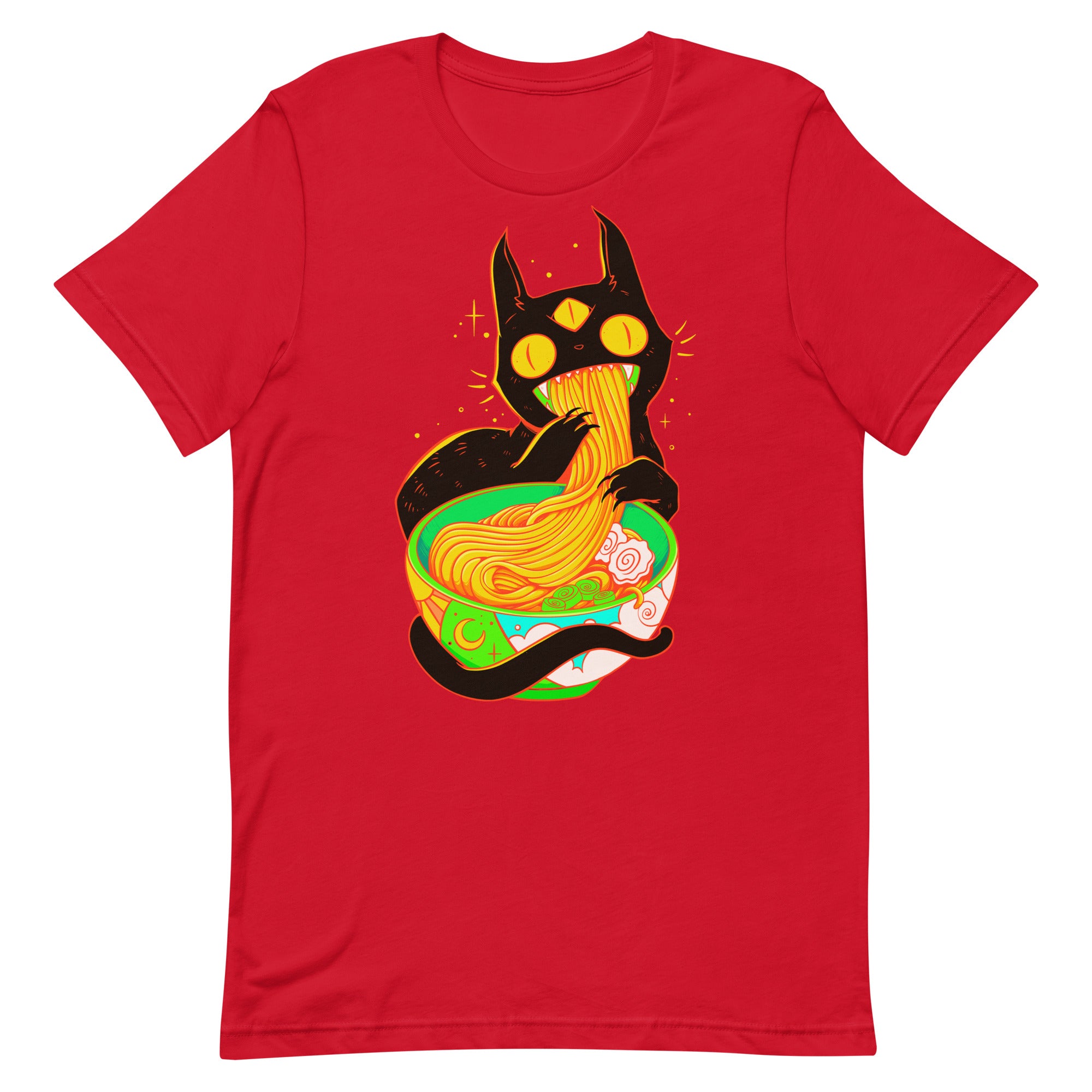 Cute black cat graphic t-shirt featuring ramen noodles on a red background, perfect for anime and cat lovers.