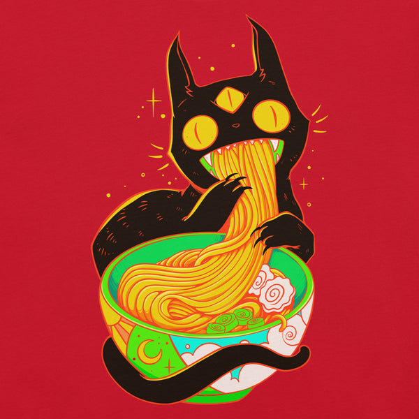 Cute black cat with three eyes enjoying ramen noodles in a colorful bowl on a red background, perfect for anime lovers.