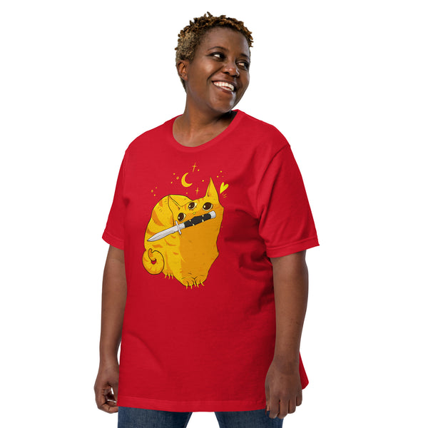 plus size model wearing red tabby cat shirt