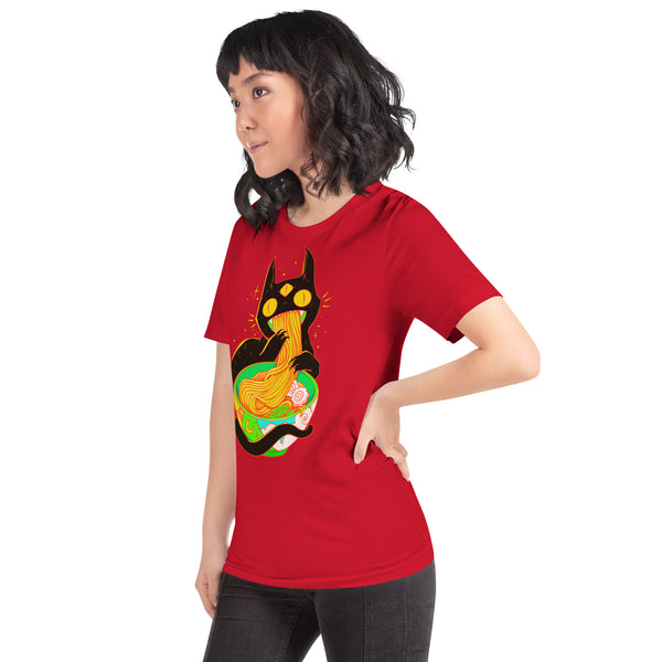 Unisex red t-shirt featuring anime-style black cat enjoying ramen noodles, soft and comfortable fabric.