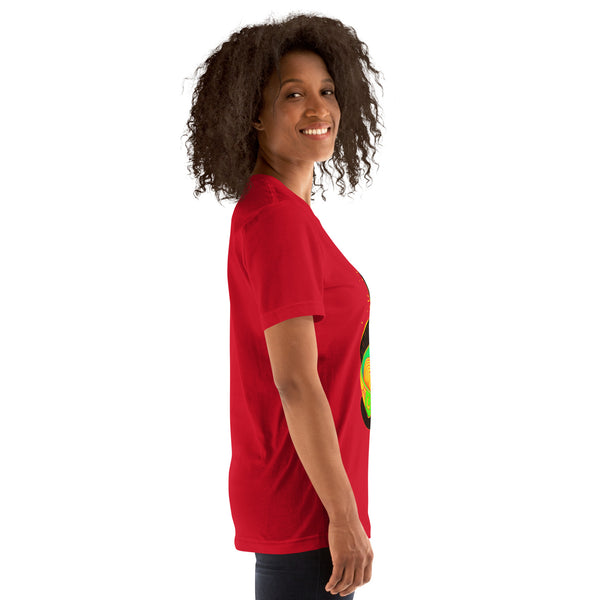 Woman wearing a unisex red t-shirt featuring cute anime-style black cat eating ramen noodles, showcasing side view.