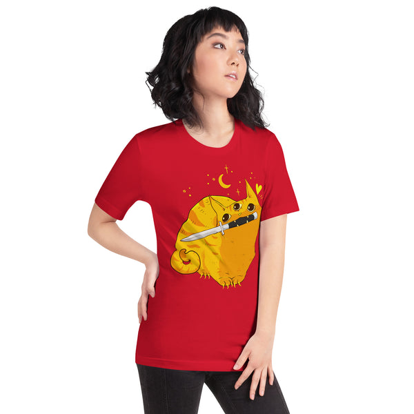 woman wearing a red t-shirt with an orange tabby cat