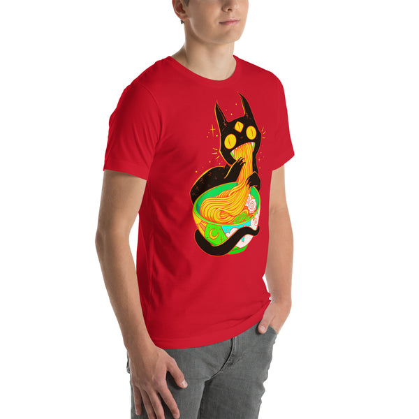 Unisex red t-shirt featuring a cute black cat eating ramen noodles in anime style, made from soft eco-friendly cotton.