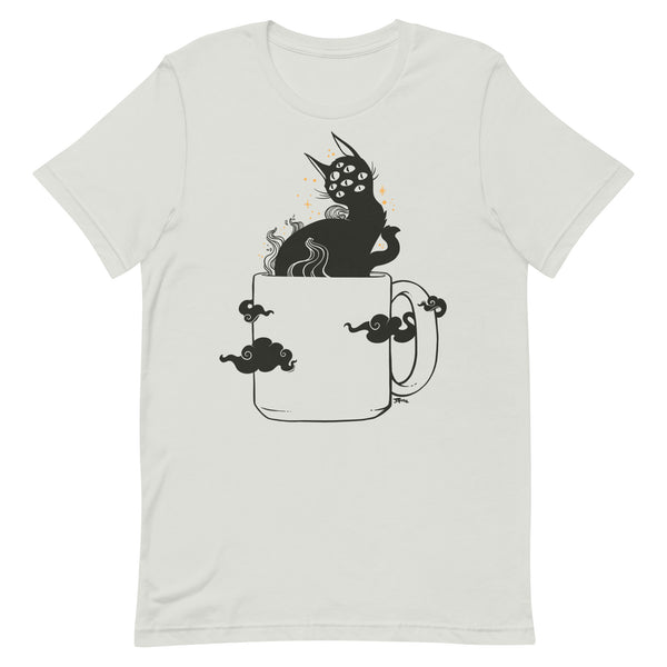 cute gothic black cat with many eyes on a silver t-shirt