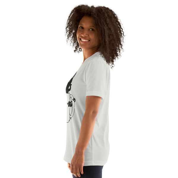 side view of female model wearing t-shirt