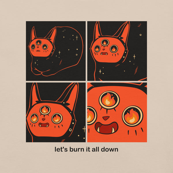 Graphic illustration featuring Orion the cat with the text 'let's burn it all down' in a meme style.