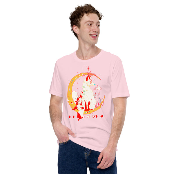 Unisex pink t-shirt featuring original artwork of a white kitsune fox from Japanese mythology on a crescent moon.