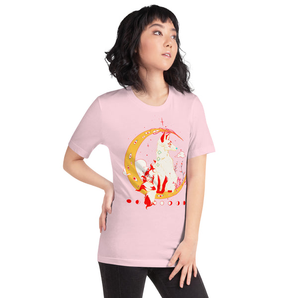 Unisex pink t-shirt featuring original artwork of a kitsune fox with a moon design, soft and eco-friendly fabric.