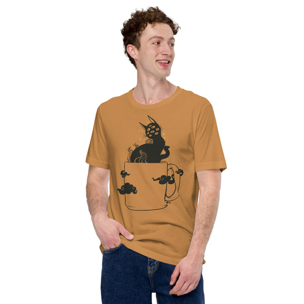 male model wearing toast burnt orange shirt with black cat