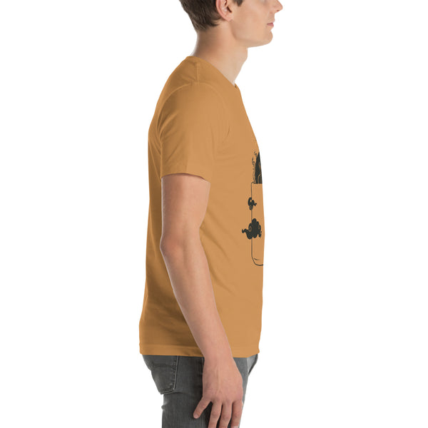 side view of the cat shirt on a person