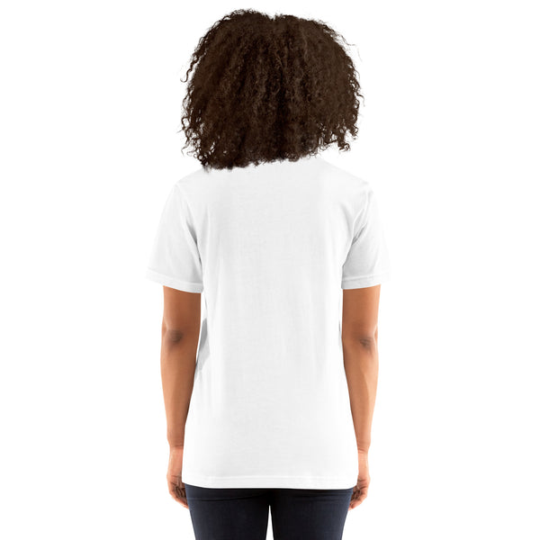 Back view of a unisex The Fool tarot card t-shirt in white, showcasing the soft and comfortable fabric.