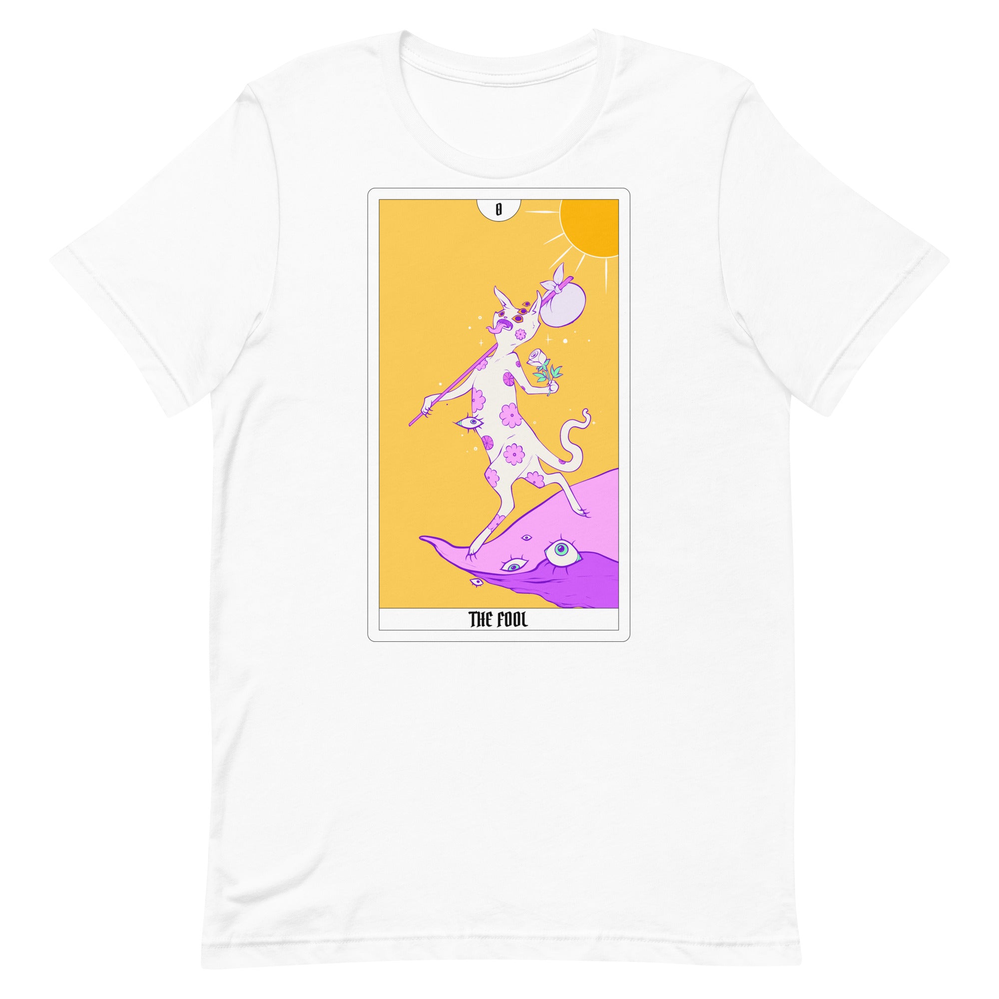 Unisex t-shirt featuring The Fool tarot card design in vibrant colors, comfortable and eco-friendly fabric.