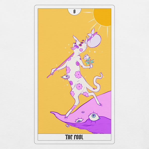 The Fool Tarot Card artwork featuring a whimsical cat character, bright yellow background, and playful design.