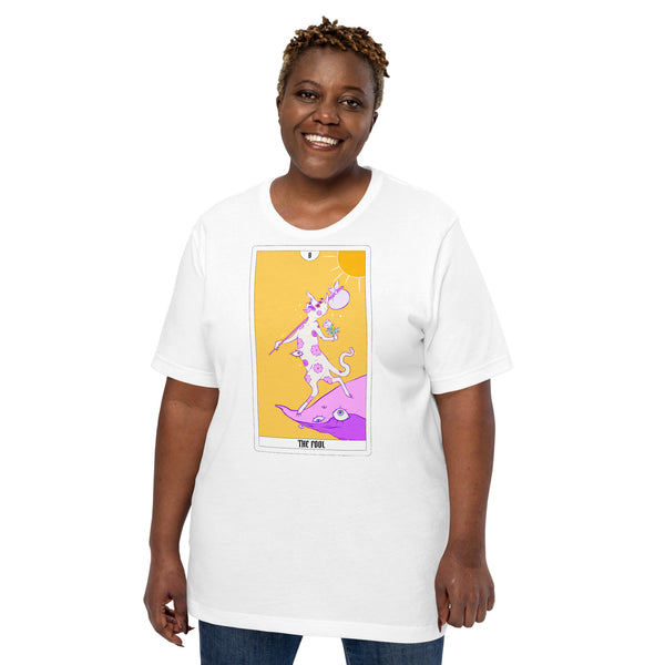 Unisex t-shirt featuring original artwork of The Fool tarot card on a soft, eco-friendly fabric.