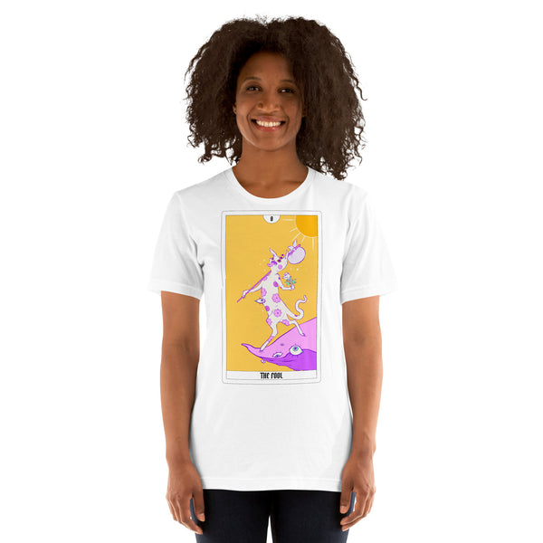 Unisex t-shirt featuring original The Fool tarot card artwork, lightweight and eco-friendly, perfect for all genders.