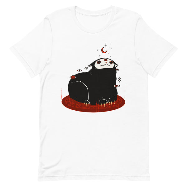 Creepy cute black demon cat graphic on a unisex white t-shirt, featuring original artwork and eco-friendly fabric.