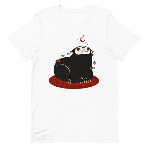 Creepy cute black demon cat graphic on a unisex white t-shirt, featuring original artwork and eco-friendly fabric.