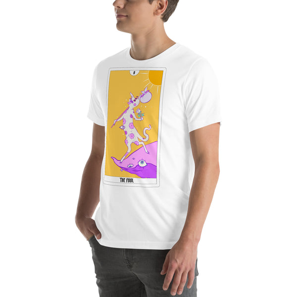 Unisex t-shirt featuring original artwork of The Fool tarot card, soft and eco-friendly fabric.