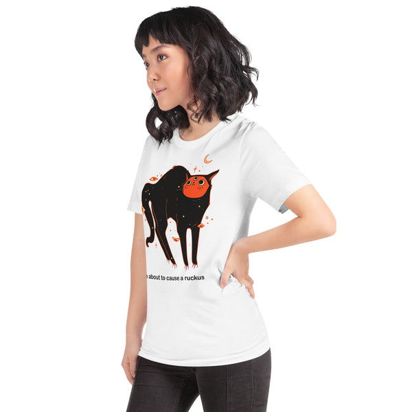 Orion Ruckus unisex t-shirt featuring a black cat and text "I'm about to cause a ruckus" on a model.