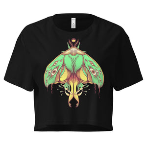 Black crop top with hand-drawn green luna moth design, featuring eye details. Made of 100% combed cotton, perfect for gothic aesthetic.