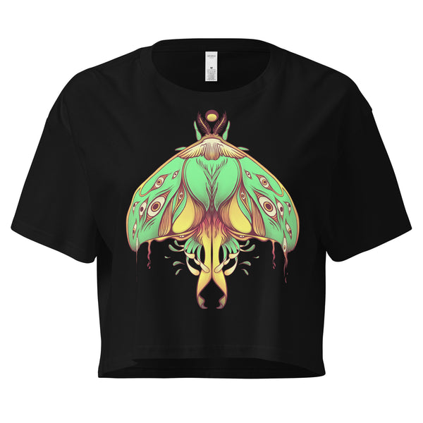 Black crop top with hand-drawn green luna moth artwork featuring many eyes, perfect for a gothic or witchy aesthetic.