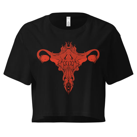 Black crop top featuring original hand-drawn death metal uterus art, perfect for alt or witchy fashion styles.