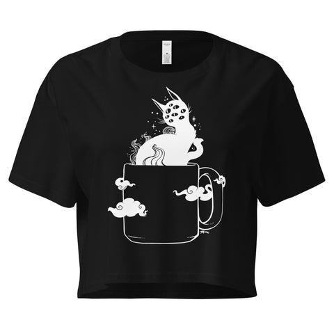 Gothic crop top featuring hand-drawn black cat with multiple eyes in a coffee cup, soft cotton, relaxed fit, witchy aesthetic.