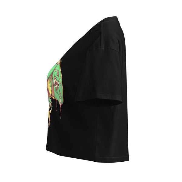 Side view of black relaxed crop top featuring hand-drawn green luna moth with many eyes, perfect for gothic or witchy aesthetic.