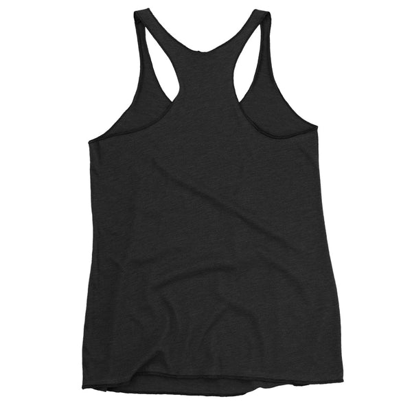 Black racerback tank top, ultra-soft tri-blend fabric, back view, form-fitting design, perfect for workouts and layering.