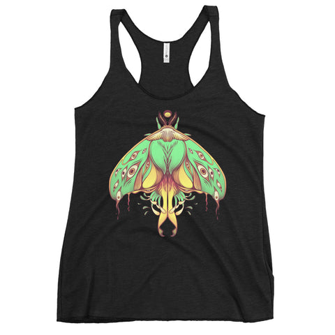 Black racerback tank top featuring colorful green luna moth artwork, perfect for workouts and layering.