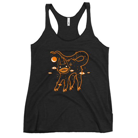 Black racerback tank top with original artwork of a creepy cute cat with big sharp teeth in orange, ultra-soft tri-blend material.