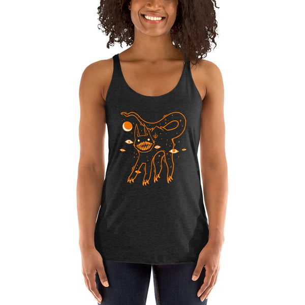 Woman wearing racerback tank top featuring whimsical cat art with big teeth, ideal for workouts and layering, ultra-soft fabric.