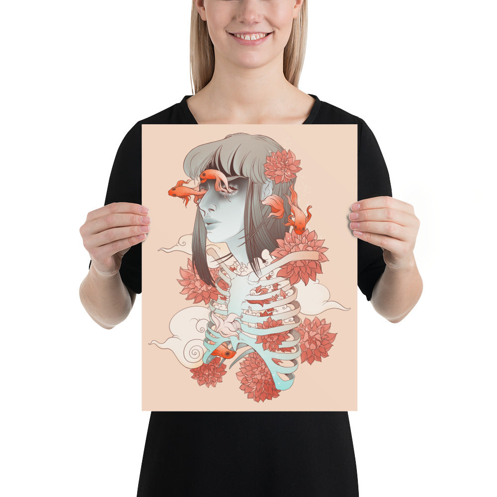 Betta Fish Skeleton Woman Art Print, Dreamcore Wall Art