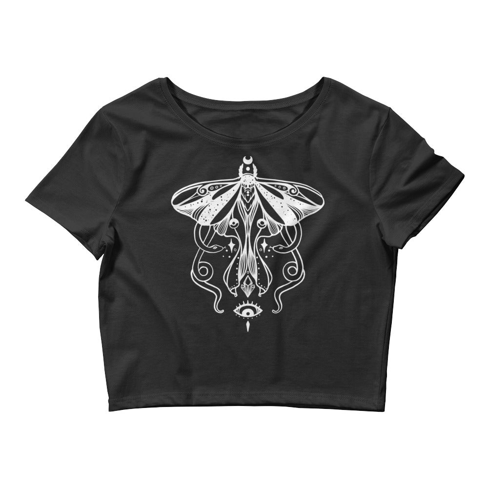 Luna Moth And Snakes Women's Black Crop Tee, Wiccan Clothing, Witchy
