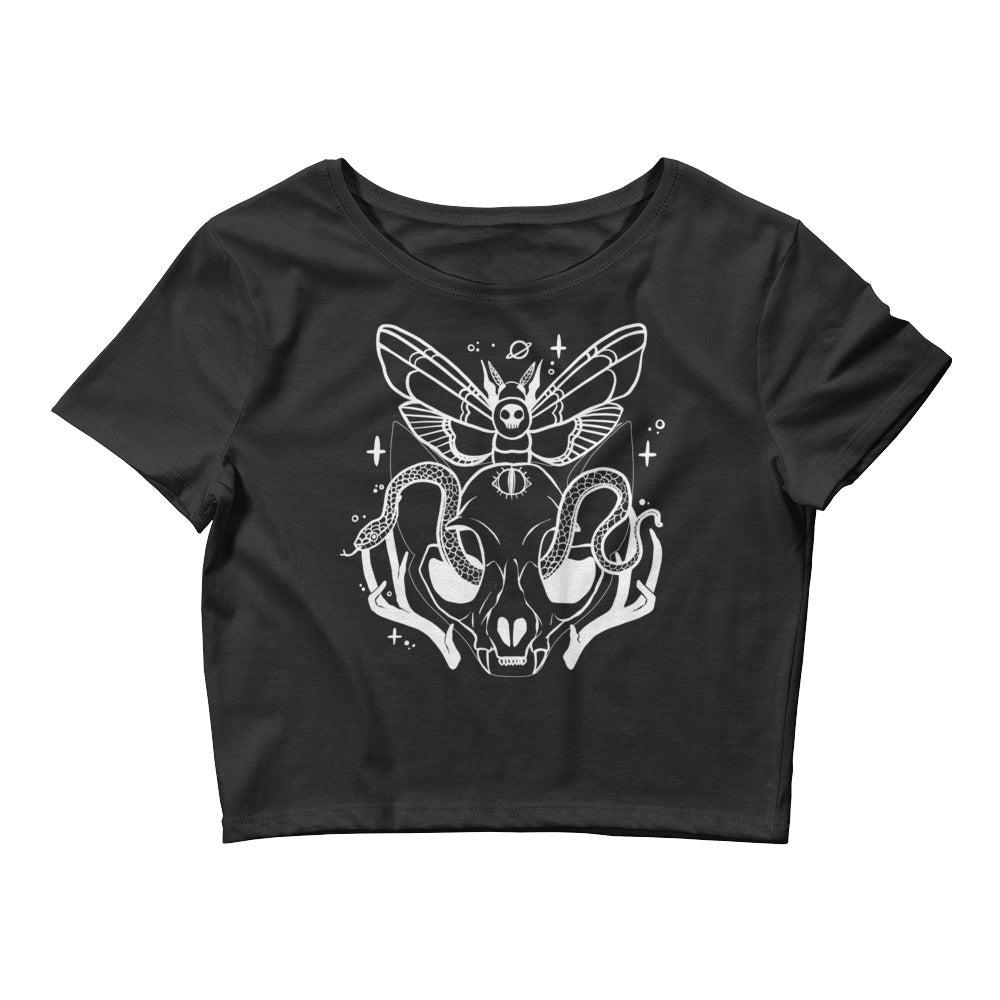 Black Cat Skull Crop Top, Pastel Goth Soft Grunge Witchy Aesthetic